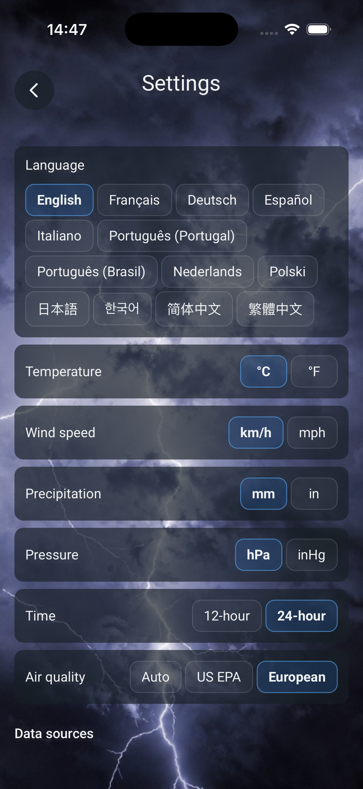 MeteAir — settings, units and languages